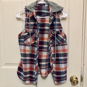 Hooded plaid flannel vest